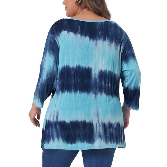 Plus Size T Shirt 3/4 Sleeve Loose Blouse Striped Tie Dye Print Tops Lake Blue - Picture 4 of 5